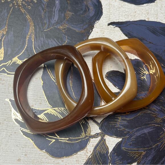 Vintage Chunky Acrylic Bangle Set in Butterscotch Amber and Coffee with Cream D3 - Picture 3 of 11